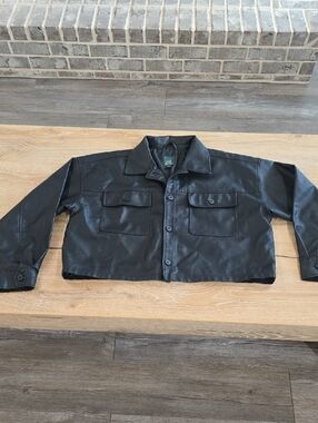 wild fable Black Faux Leather Cropped Button Jacket